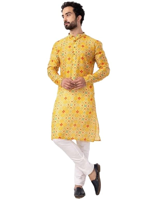 LookMark Men's Cotton Blend Printed Long Kurta Suitable for All Indian Wedding, Occasions, and Festivals (AZ-LM-OG-Kurta 26-XL) Yellow