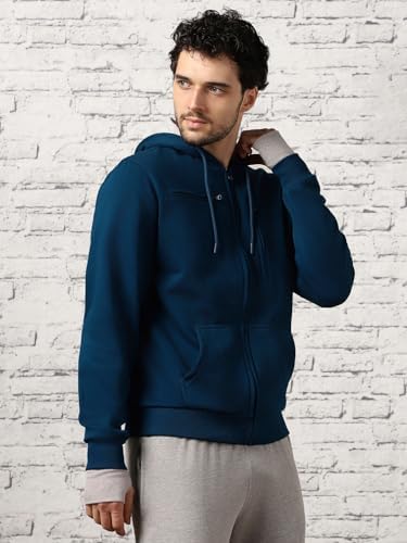 NOBERO Unisex-Adult Cotton Regular Neck Hooded Sweatshirt (1M-TWZP-R0002_Navy Blue_L)