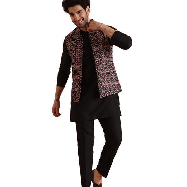 KISAH Cotton Blend Kurta Jacket Trouser Set for Men | Nehru Jacket Waistcoat Kurta Set with Trousers | Mens Ethnic Collections-KA-0863-5389-T303-40-Multi
