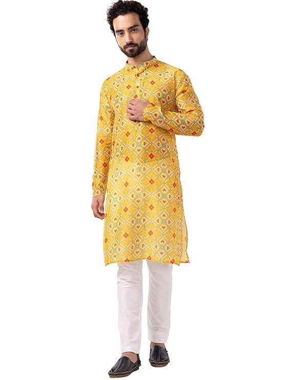 LookMark Men's Cotton Blend Printed Long Kurta Suitable for All Indian Wedding, Occasions, and Festivals (AZ-LM-OG-Kurta 26-XL) Yellow