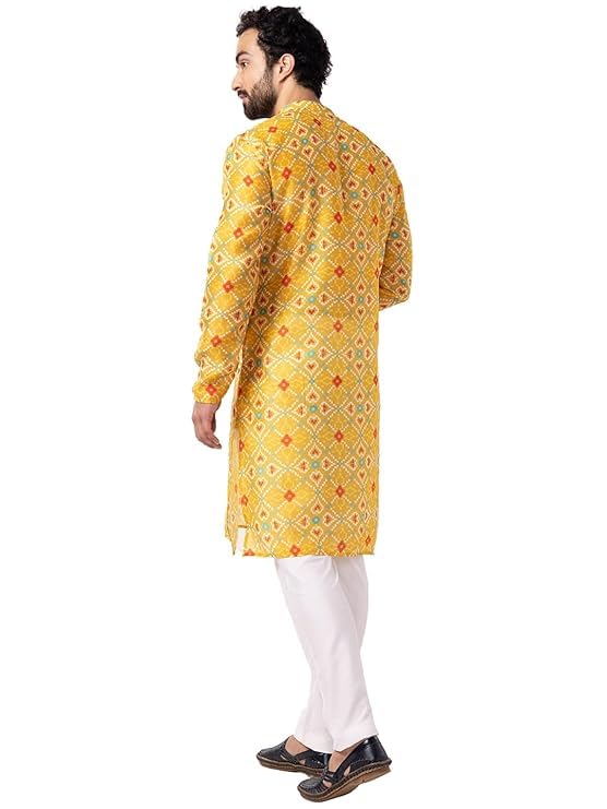 LookMark Men's Cotton Blend Printed Long Kurta Suitable for All Indian Wedding, Occasions, and Festivals (AZ-LM-OG-Kurta 26-XL) Yellow