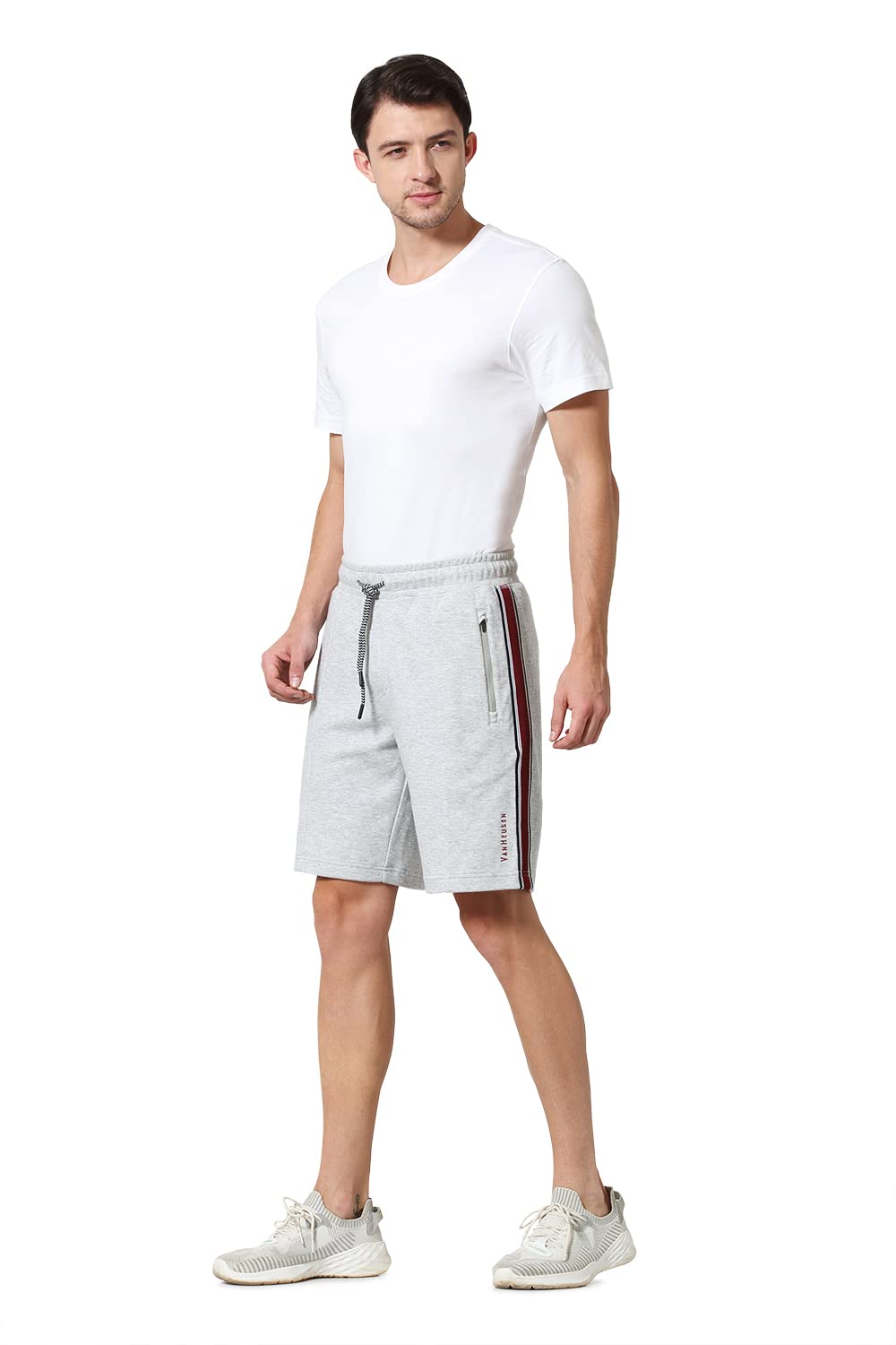 Van Heusen Men Athleisure Zipper Pocket Knit Shorts - Side Contrast Tape, Breathable_50010_Grey Melange_XL