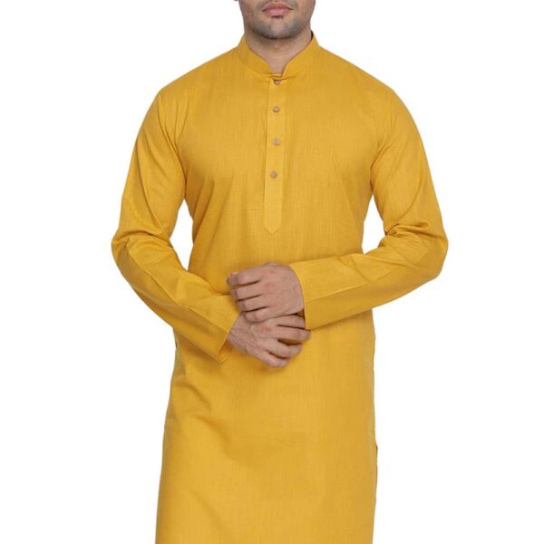 VASTRAMAY Men's Mustard Cotton Linen Blend Kurta – Elegant Ethnic Wear with Mandarin Collar, Perfect For Ethnic & Festive Occasions, Weddings & Festive Celebrations