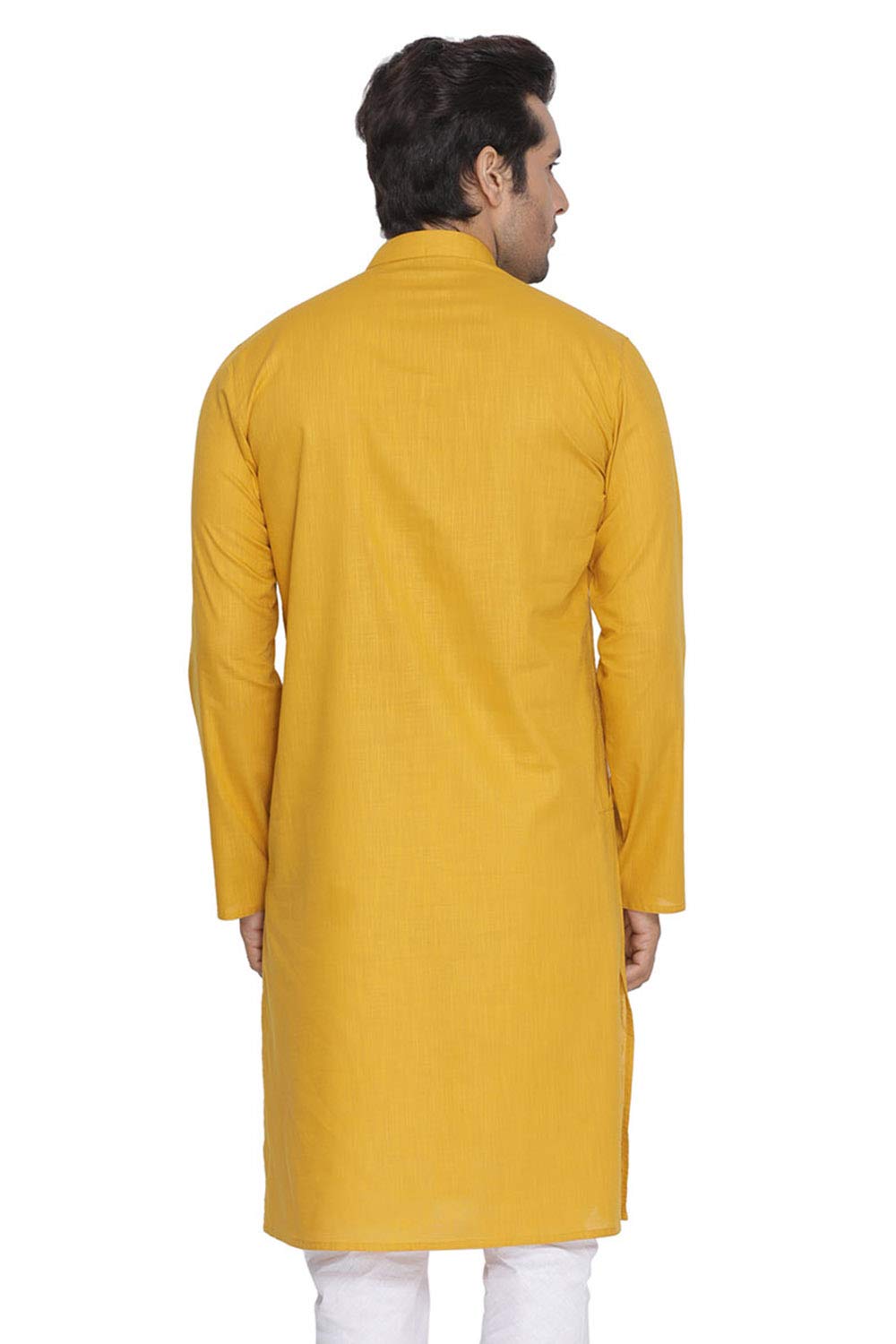VASTRAMAY Men's Mustard Cotton Linen Blend Kurta – Elegant Ethnic Wear with Mandarin Collar, Perfect For Ethnic & Festive Occasions, Weddings & Festive Celebrations