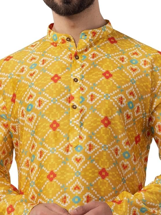 LookMark Men's Cotton Blend Printed Long Kurta Suitable for All Indian Wedding, Occasions, and Festivals (AZ-LM-OG-Kurta 26-XL) Yellow