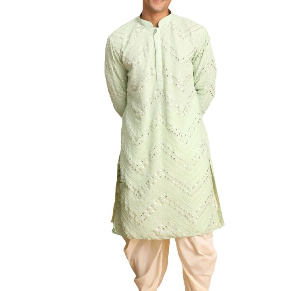 VASTRAMAY Men's Mint green And Cream Georgette Kurta and Dhoti Pant Set | Mirror work Georgette Kurta With Dhoti Pant