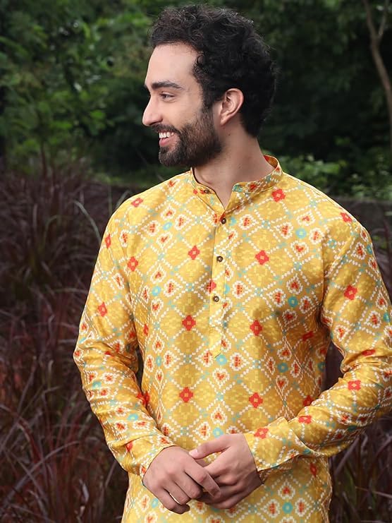 LookMark Men's Cotton Blend Printed Long Kurta Suitable for All Indian Wedding, Occasions, and Festivals (AZ-LM-OG-Kurta 26-XL) Yellow