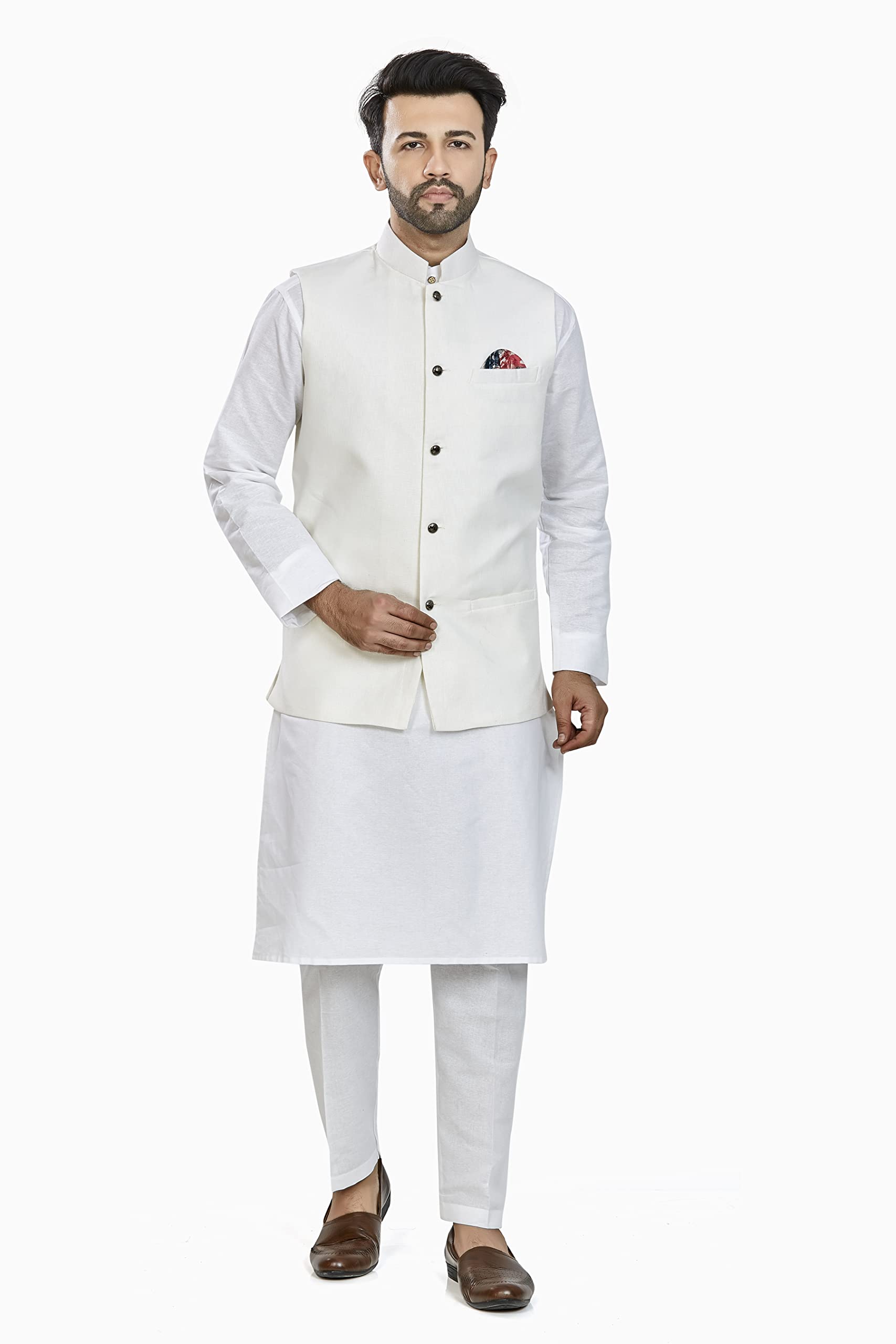 BE ACTIVE Men's Linen Blend Nehru Jacket With Mandarin Collar || Ethnic Koti For Men || Men Koti Formal|| Men Koti Wedding (RFKT0001-16 (WHITE)-XXL)