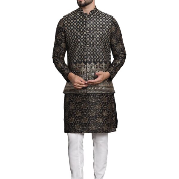 SOJANYA (Since 1958 Men's Silk Blend Print Black Kurta and Cream Pyjama With Black Nehru Jacket