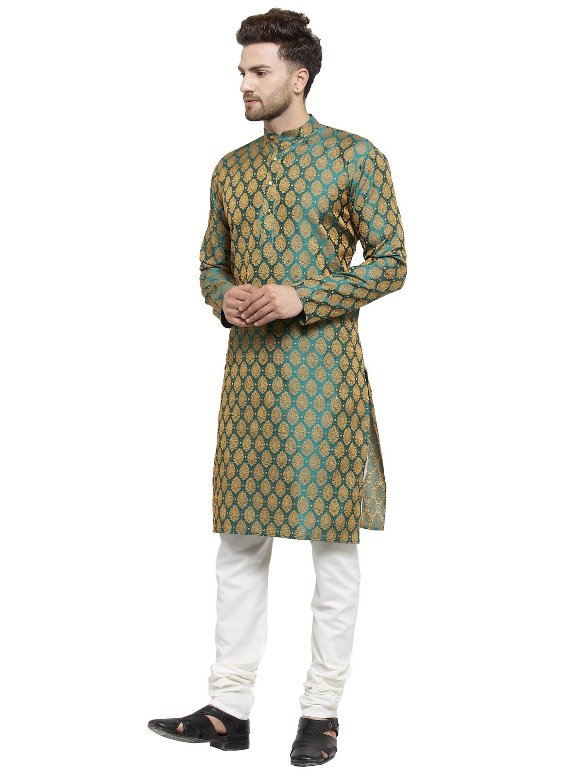 Jompers Men's Jacquard Silk Kurta and Pyjama(Green,XL)