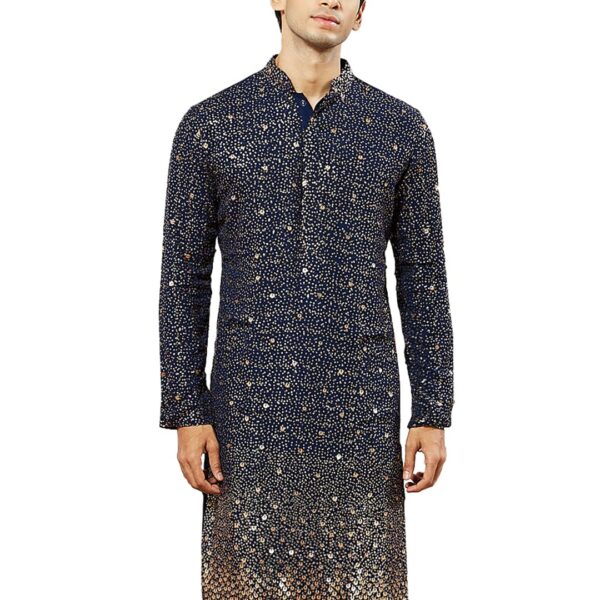 VASTRAMAY Men's Navy Blue Georgette Kurta, All Over sequinced in Ombre Design Kurta for Weddings & Festivals, Traditional Indian Wear