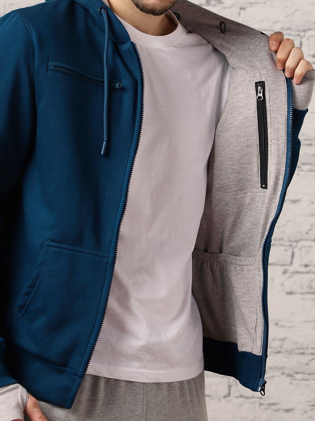 NOBERO Unisex-Adult Cotton Regular Neck Hooded Sweatshirt (1M-TWZP-R0002_Navy Blue_L)