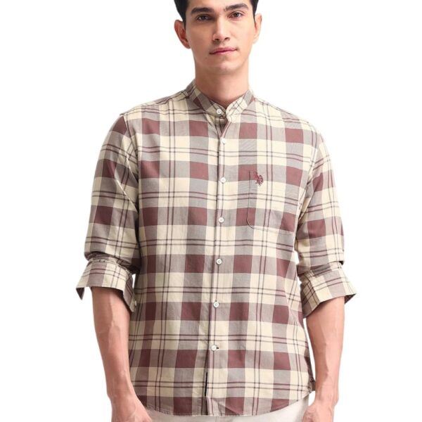 U.S. POLO ASSN. Denim Co. Men's Checkered Slim Fit Shirt (UDSHTFX0328_Brown