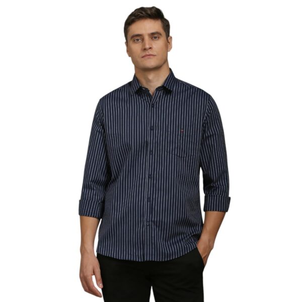 Louis Philippe Men's Cotton Striped Slim Fit Shirt (LYSFCSLBL01793_Navy, 40
