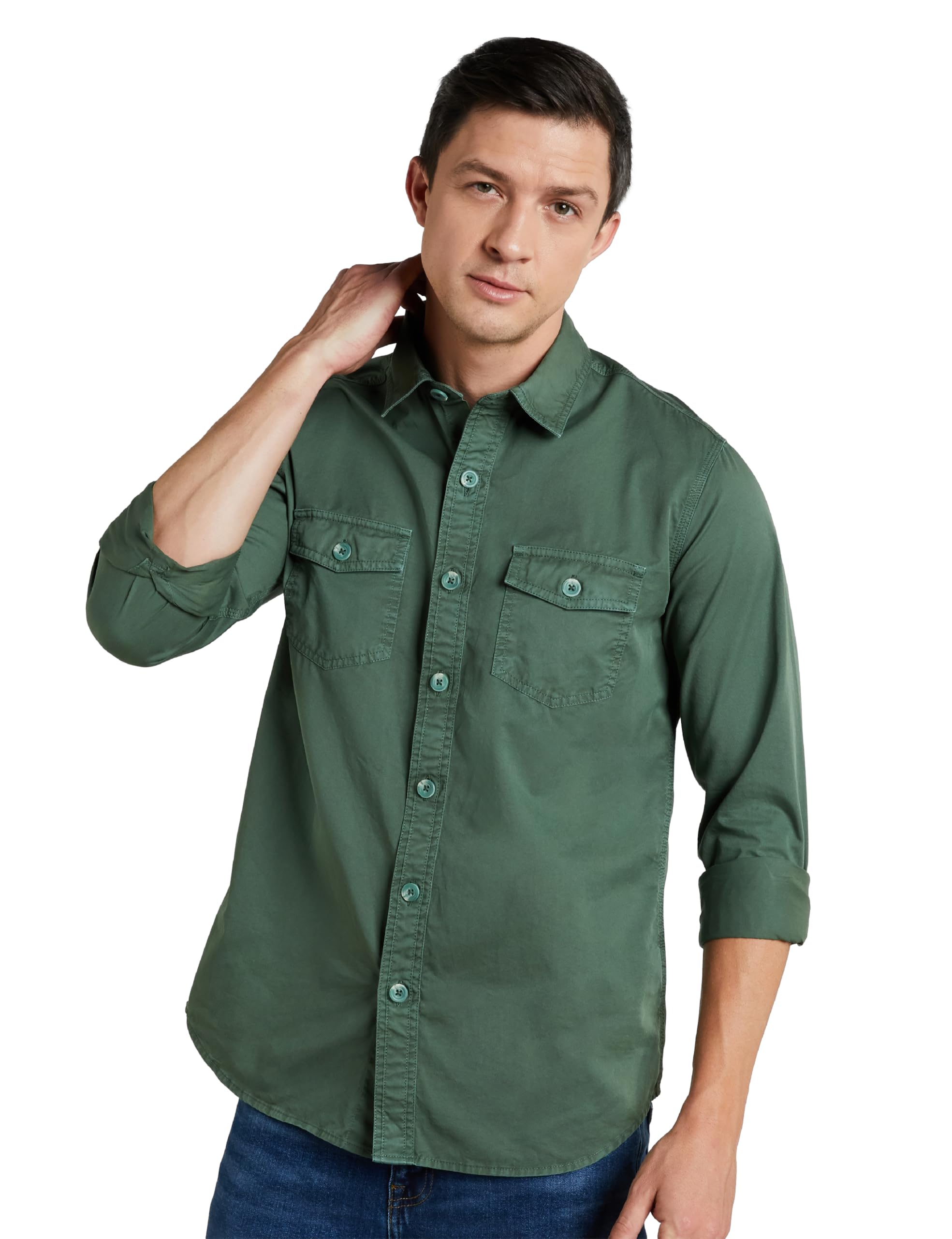 Symbol Premium Men's Casual Washed Cotton Twill Shirt (Regular Fit) (Green_L)