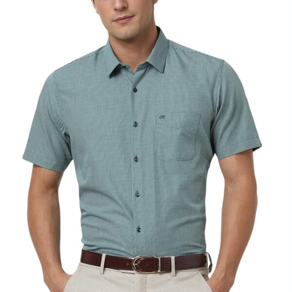 Peter England Men's Checkered Regular Fit Shirt (PESHWNUPW17666_Green