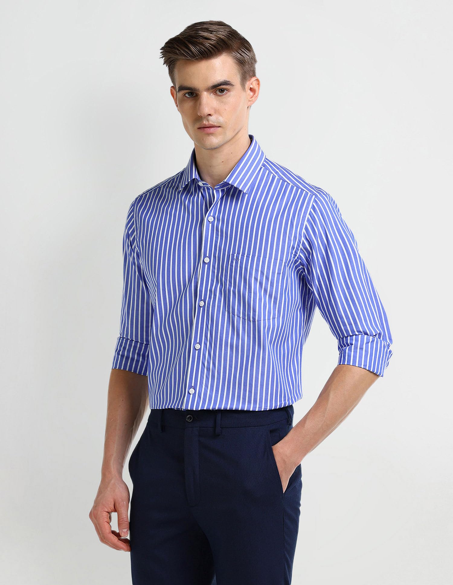 ARROW Men's Striped Regular Fit Shirt (ARAEOSH1912_ME. Blue