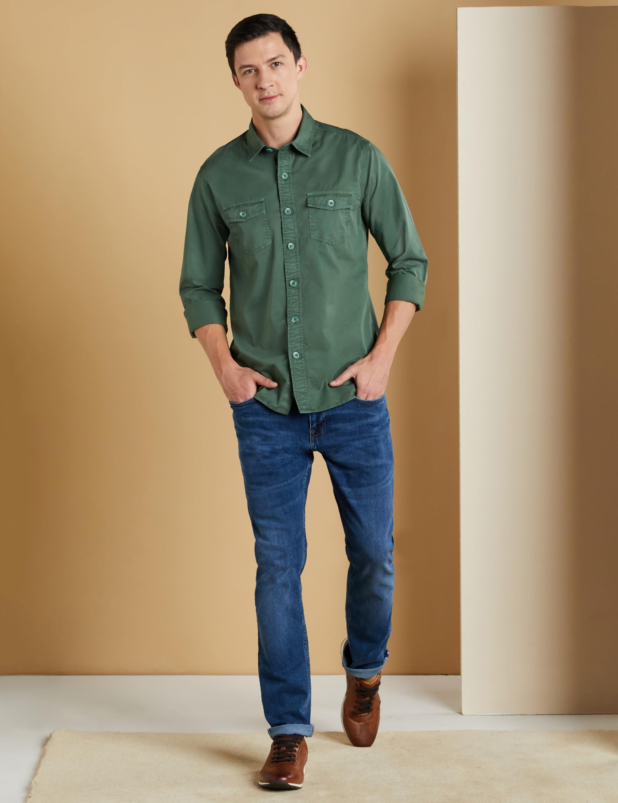 Symbol Premium Men's Casual Washed Cotton Twill Shirt (Regular Fit) (Green_L)