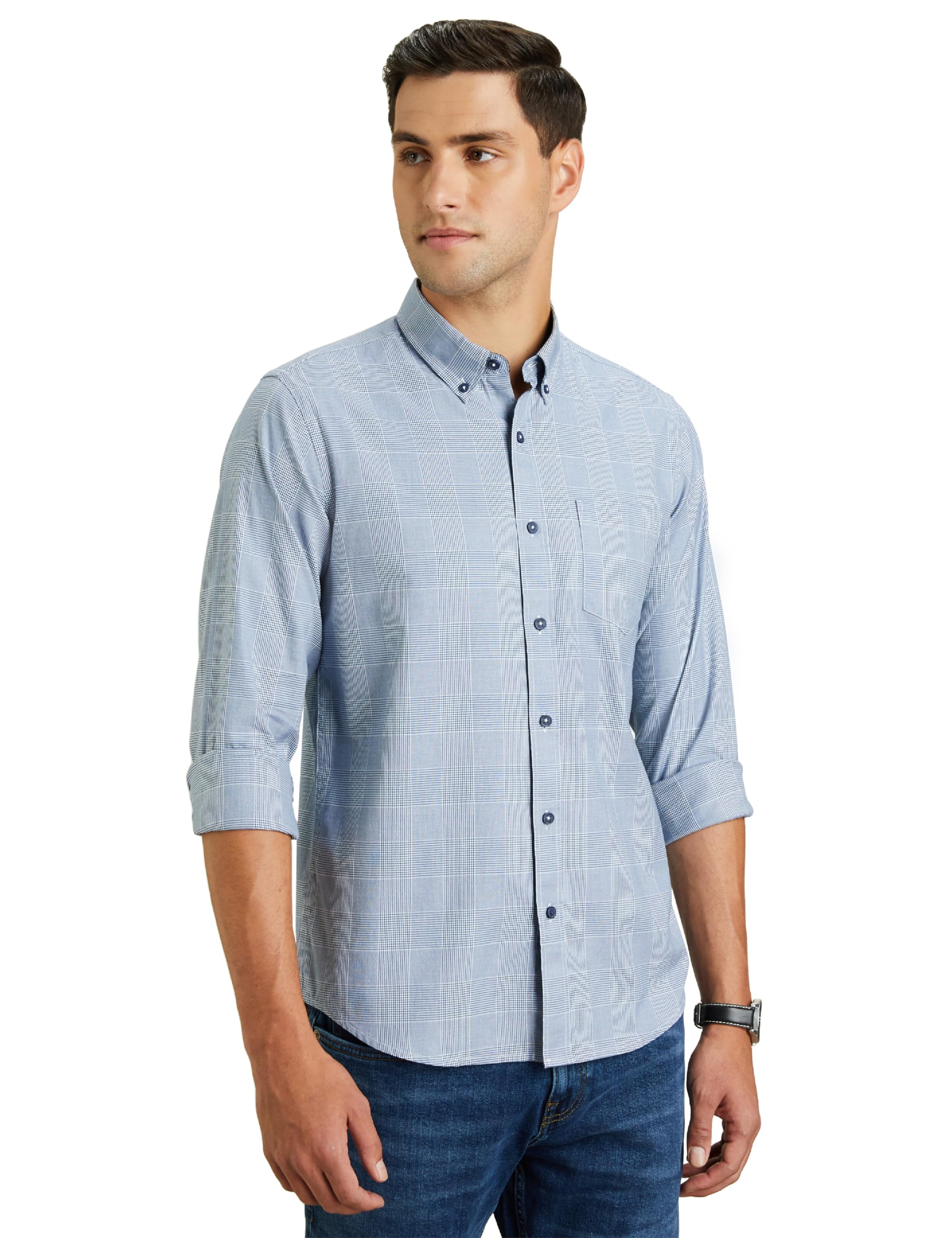 Symbol Premium Men's Stylish Checkered Buttondown Casual Shirt - Regular Fit | Plain | Full Sleeve | Cotton Semi Formal Wear (Available in Plus Size) (Denim Blue_L)
